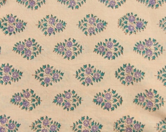 Khaki Teal Floral Hand Block Print 100% Cotton Fabric, Khaki, 1 yard x 45", Traditional Border Printed, Fashion Supply, Sewing, Craft Supply
