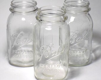 1950s Ball Perfect Mason Jars, Quart Size, Set of 3, Clear Glass, Glass Jar Set, Fruit Canning Jars