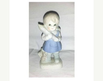 Vintage Girl Figurine,Porcelain Girl,Girl and her Cat,Kitsch,Blue and White Figurine,Eyelashes,Girl with Pencil,Collectibles,1950s