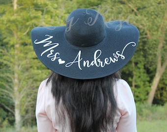 Personalized Beach Hat, Floppy Beach Hat, Monogram Hat, Custom Mrs Hat, Just Married Hat, Honeymoon Hat, Bride Gift, Bridal Shower Gift