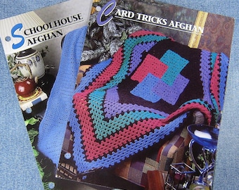 Two Annie's Crochet Quilt & Afghan Patterns, Card Tricks and Schoolhouse, loose crochet afghan patterns
