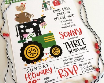 Farm, Animals, Tractor, Farmer Birthday, Party, Invitations, Girls, Boys
