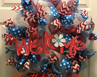 Welcome Wreath, Spring Wreath, Spring Deco mesh Wreath, Front door Wreath, Patriotic Wreath, Summer Wreath, Summer Deco Mesh Wreath