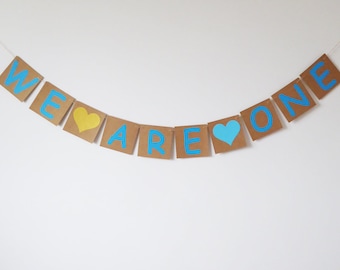 Twins birthday we are one bunting, Twins first birthday, gold, blue