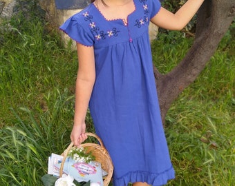Blue Embroidery Gauze Summer Dress for Girls, Gauze Dress for Children, Summer Dress for Kids, Girls Summer Dress