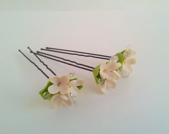 Bridal hair flowers Wedding flower pins Wedding hair accessories Ivory flower hair pins ( set of 3 )