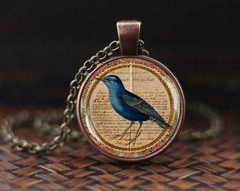 Blue Bird Necklace, Birds Jewelry, Bird Necklace, Victorian Birds Pendant, vintage bird necklace, Antique Art Blue Bird Necklace