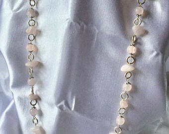 Rose Quartz Stone over the head necklace, beautiful and impressive with silver plated wiring, jump rings, and bead caps.