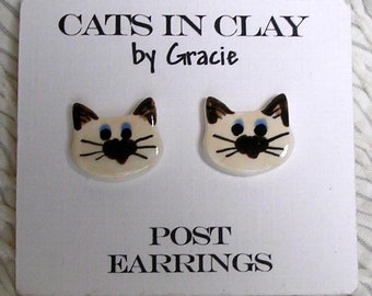 Siamese Cat Post Earrings Stud Earring Handmade In Kiln Fired Clay by Gracie