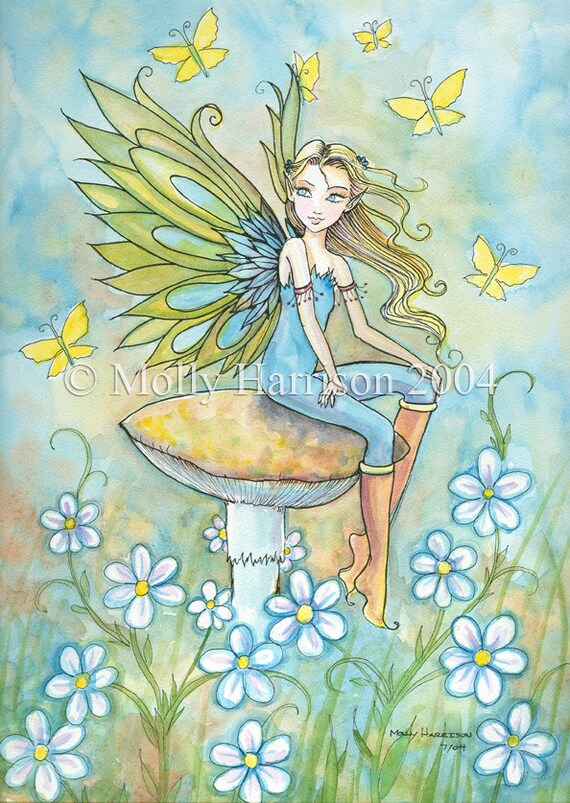 Fairy Art Print Fairy and the Yellow Butterflies Colorful