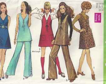 Sleeveless Collarless Jumper Dress Or Tunic With Back Zipper And Pants With Waistband Size 14 Sewing Pattern 1969 Simplicity 8382