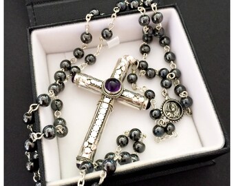 Cruel Intentions Rosary - Amethyst Classic Design Sterling Silver Pendant with Hematite Rosary Beads