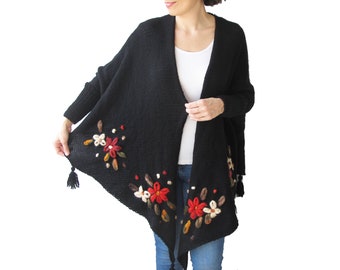 Plus Size Cardigan, Plus Size Clothing, Embriodered Cardigan, Hand Knitted Cardigan, Over Size Cardigan, Wool Cardigan, Black Cardigan, Gift