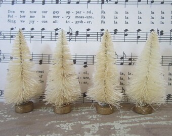 One Package Of Four White Bottle Brush Trees Bleached Vintage Style Sisal Bottle Brush trees Set Of Four