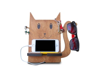 cute phone accessory, cat phone stand, wooden cell phone stand, iphone 6 stand for desk, mobile holder for charging, mobile device stand