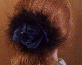 Dark Blue Rose with Black Marabou Hair Clip