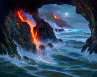 Robert Thomas Giclee -Kilauea Volcano Seascape - Hawaiian Island Lava Flow - Hawaii Moonlight Beach