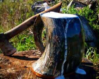 Viking Drinking Horn Mug, Tankard, Extra Large 30oz, Wood base