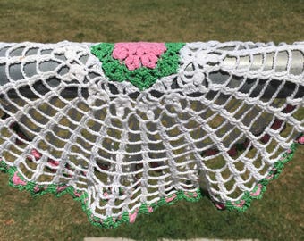 Doily, Round doily, crochet doily, hand made doily, 15 inch doily, green, pink, and white doily, floral doily, flower doily