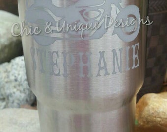 Yeti Rambler 30 oz, etched with Harley Motorcycle and name. Can be etched on 20 oz also, see description for details.