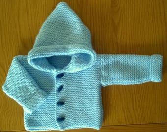 Hand Knitted Baby Boys Hooded Jacket in Garter Stitch 0-3 months