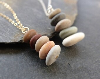 Beach stone necklace, sterling silver, gold, natural stone necklace, beach pebble pendant, cairn necklace, boho jewelry, nature jewelry