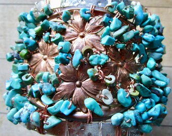 Turquoise & Vintage Copper Flower WONDER WOMAN Goddess Gemstone Bracelet - Cuff - Recycled Silver - Statement - catROCKS - OOAK - Woven