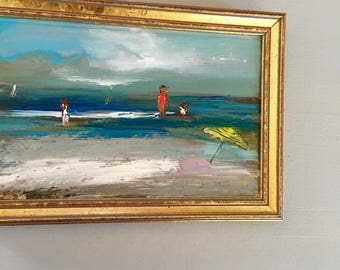 Yellow Umbrella - Small Beach Scene Painting- Figures on Beach Painting- Original Painting-6 x 8-1/2 approx. inch - including Frame