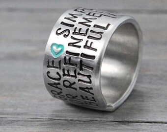 Grace Ring, Inspiration Ring, Personalized Ring, Inspiration Quote Ring,Heart Ring, Hand Stamped Ring, Personalized Jewelry, Quote Ring