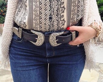 ALLY double buckle belt black/silver buckles