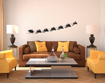 Christmas Santa Sleigh and Flying Reindeer -Wall Decal Custom Vinyl Art Stickers
