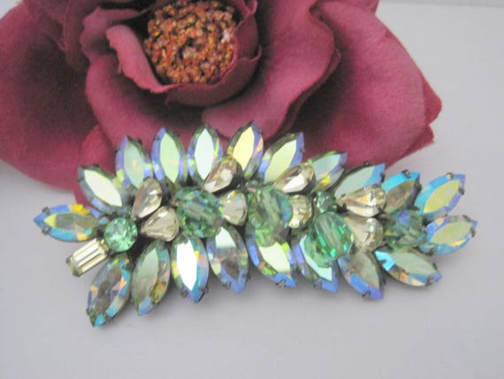 Vendome Green Brooch, Aurora Borealis, Rhinestone Signed Pin
