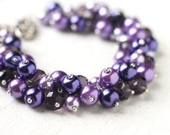 Dark Purple Wedding Bridesmaid Jewelry Pearl Cluster Bracelet - Amethyst