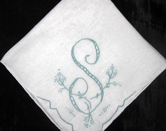 Handkerchief Wedding, Vintage Blue Monogrammed Hankie S F R A J B R G H L or M