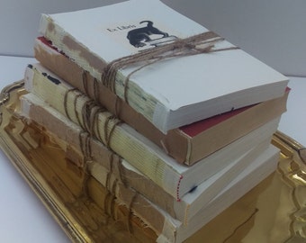 FREE SHIPPING Halloween Black Cat, Book Stack, Set of Five, Neutral unbound books, wrapped in twine, rustic inspired photo prop, Fall decor