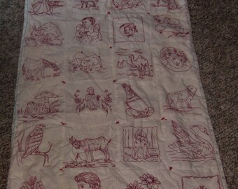 Vintage Victorian Redwork Quilt Stuffed With Backing Very Good Condition Hand Embroidered Cotton Red & White No Damaged Old Loved Statement