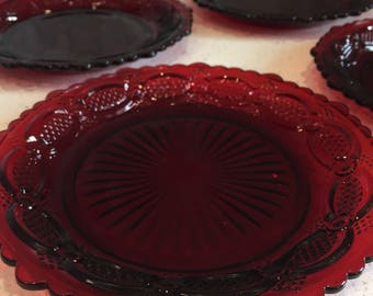 Avon Ruby Red Dinner Plates, Cape Cod, 1876, Cranberry, Glass, Collectible, Deep Red, Set of 4
