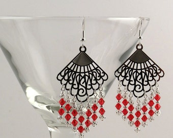 Red Swarovski crystal and silver chandelier earrings.