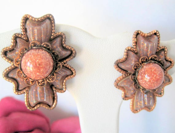 Mid Century Earrings, Goldstone Center, Copper Modernist, Clip Ons