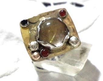 Statement Silver Gold Rutille Quartz Sculptured Ring