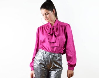 FREE SHIPPING Vintage 80s pink blouse, ascot bow blouse, secretary button down blouse, long sleeved blouse
