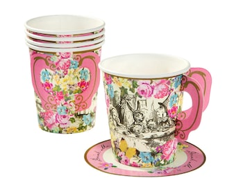 Truly Alice in Wonderland Paper Cups Handle & Saucers x 12 Mad Hatters Tea Party