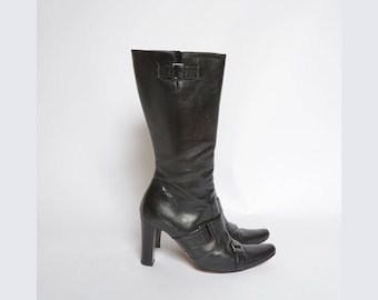Vintage 90's Black Leather Boots with Buckles
