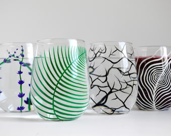 Hand Painted Glass Sampler Set - 4 Piece Painted Stemless Wine Glass Collection