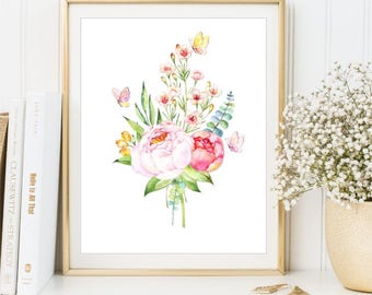 Watercolor Flowers Print, Watercolor Peony Bouquet poster, Watercolor Butterflies Printable art sign, Home Decor, Wall Decor, DIGITAL FILES