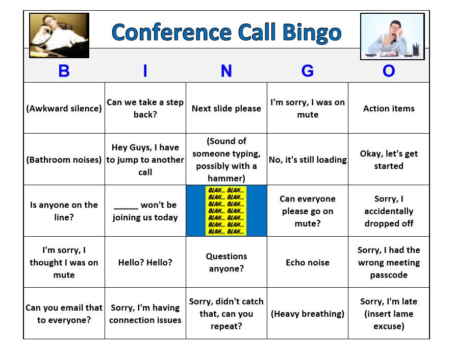 Conference Call Bingo Game 60 Cards Very Funny Great for