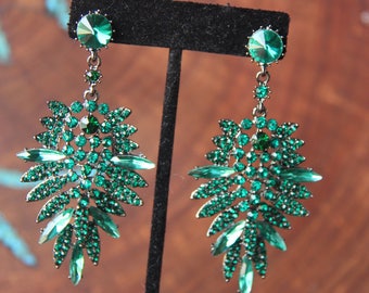 Emerald green earrings, emerald green rhinestone chanelier earrings, yellow rhinestone pageant earrings, prom dangle earrings