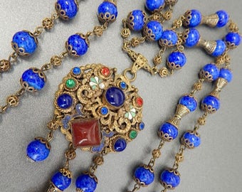 Neiger, Czech, Lapis Glass, Brass, and Enamel Necklace