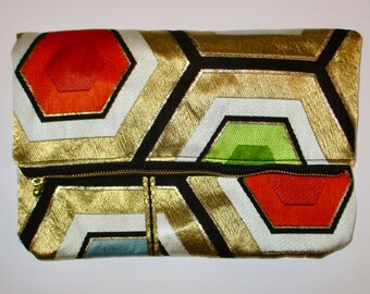 Gold Hexagons Two-way Fold Over Obi Silk Clutch Purse