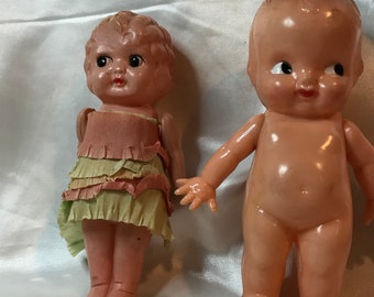 Vintage KEWPIE DOLLS, 1) Celluloid Carnival Flapper Doll,Japan, 2) Hard Celluloid, Irwin, U.S.A.-Both Adorable
